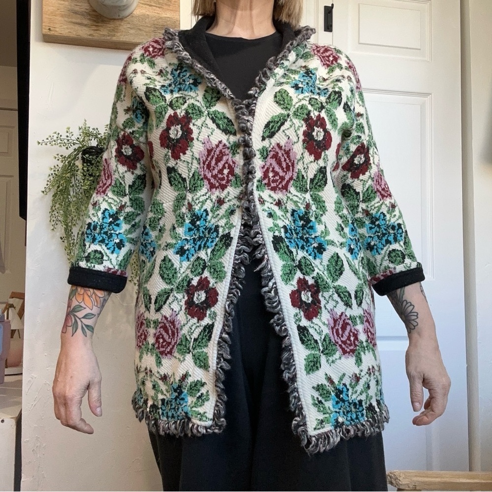 Aldo Martins Barcelona Floral Intarsia Knit Cardigan Wool Blend Size S/M - Picture 8 of 13